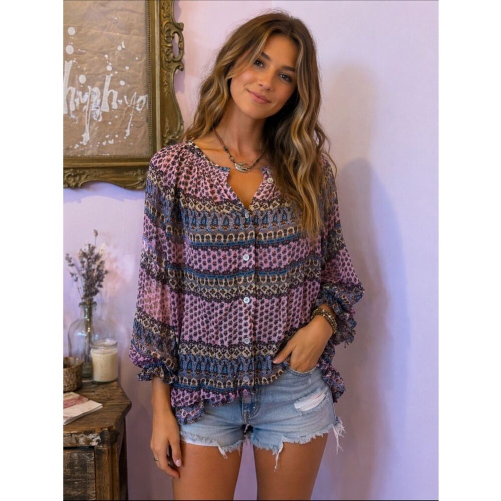 Sundance Pink Bohemian Multi-Print Button Front Peasant Blouse
